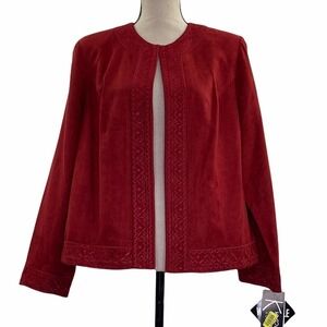 K Woman Red Faux Suede Embellished Open Jacket